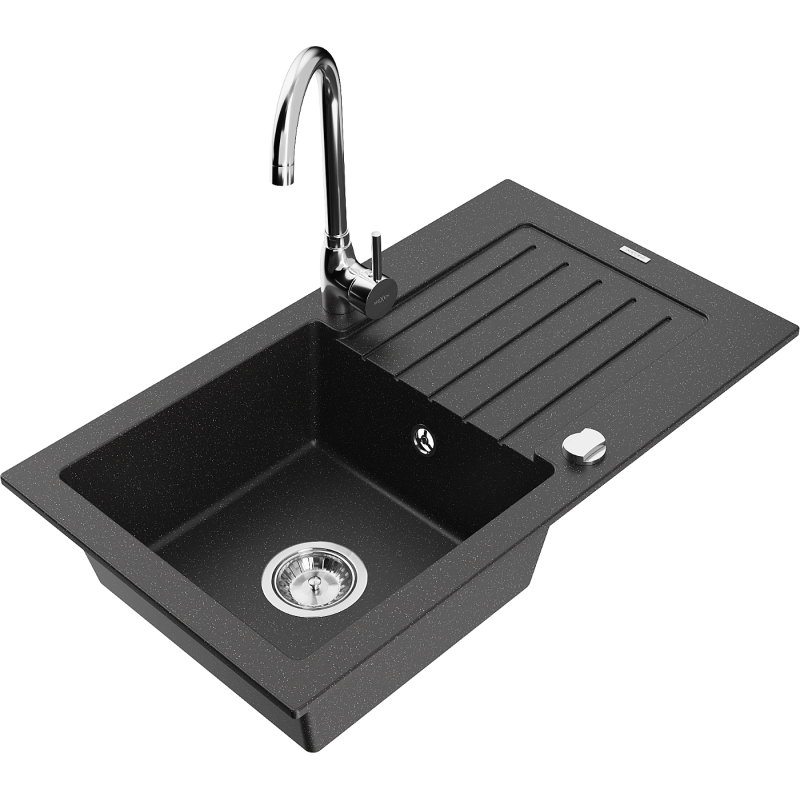 Mexen Pablo fregadero de granito de 1 cámara con escurridor y grifo de cocina Telma, negro/plata - 6510-73-670200-00