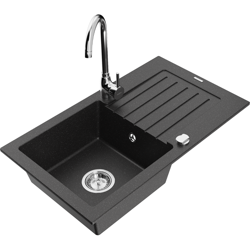 Mexen Pablo fregadero de granito de 1 seno con escurridor y grifo de cocina Telma, negro/plata - 6510-73-670200-00