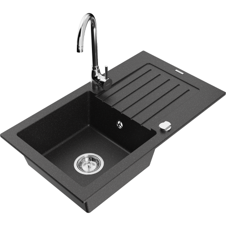 Mexen Pablo 1-bowl granite sink with drainer and Telma kitchen tap, black/silver - 6510-73-670200-00