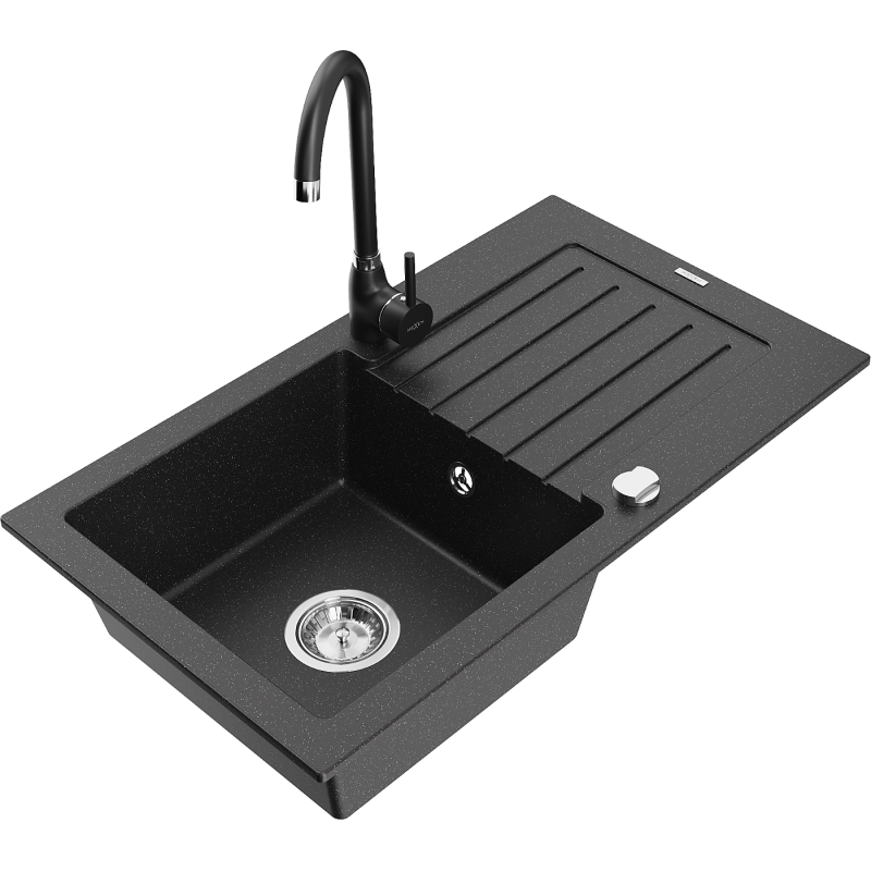 Mexen Pablo fregadero de granito de 1 cubeta con escurridor y grifo de cocina Telma, negro/plateado - 6510-73-670200-70