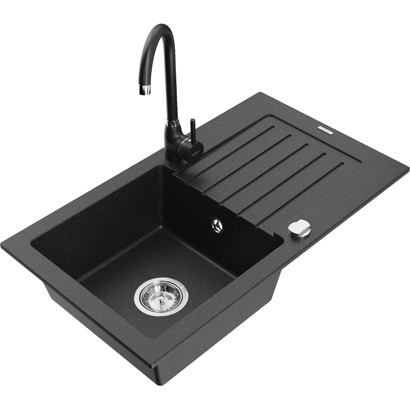 Mexen Pablo granite sink with 1 bowl and drainer and Telma kitchen tap, black/silver - 6510-73-670200-70