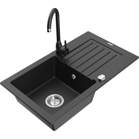 Mexen Pablo granite kitchen sink 1-bowl with drainer and Telma kitchen faucet, black/silver - 6510-73-670200-70