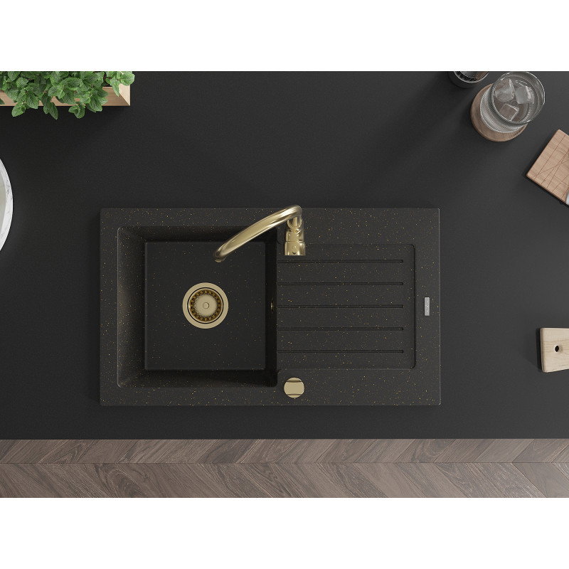 Mexen Pablo granite kitchen sink 1-bowl with drainer and Telma kitchen tap, black/gold - 6510-75-670200-50