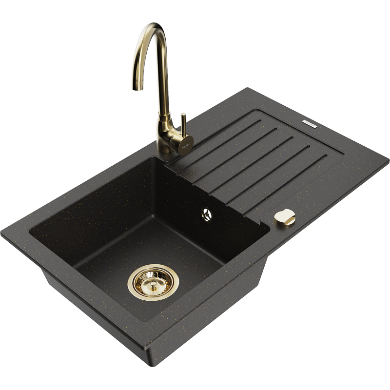 Mexen Pablo fregadero de granito de 1 cubeta con escurridor y grifo de cocina Telma, negro/dorado - 6510-75-670200-50