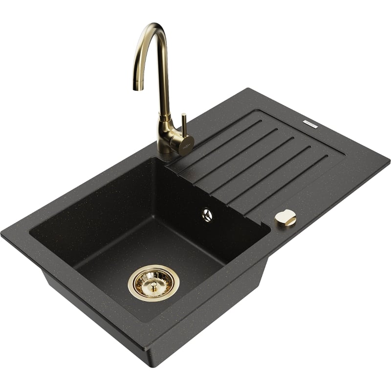 Mexen Pablo granite kitchen sink 1-bowl with drainer and Telma kitchen faucet, black/gold - 6510-75-670200-50
