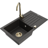 Mexen Pablo granite kitchen sink 1-bowl with drainer and Telma kitchen faucet, black/gold - 6510-75-670200-50