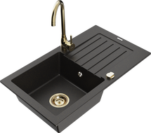 Mexen Pablo granite kitchen sink 1-bowl with drainer and Telma kitchen faucet, black/gold - 6510-75-670200-50
