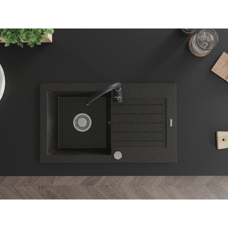 Mexen Pablo 1-bowl granite sink with drainer and Telma kitchen tap, black/gold - 6510-75-670200-70