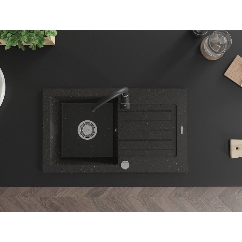 Mexen Pablo graniittinen 1-allas tiskiallas valumisalueella ja Telma-keittiöhanalla, musta/kultainen - 6510-75-670200-70