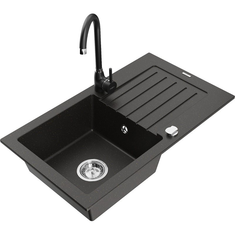 Mexen Pablo fregadero de granito de 1 seno con escurridor y grifo de cocina Telma, negro/dorado - 6510-75-670200-70