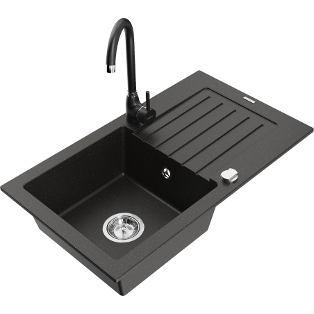 Mexen Pablo lavello da cucina in granito a 1 vasca con sgocciolatoio e rubinetto cucina Telma, nero/oro - 6510-75-670200-70