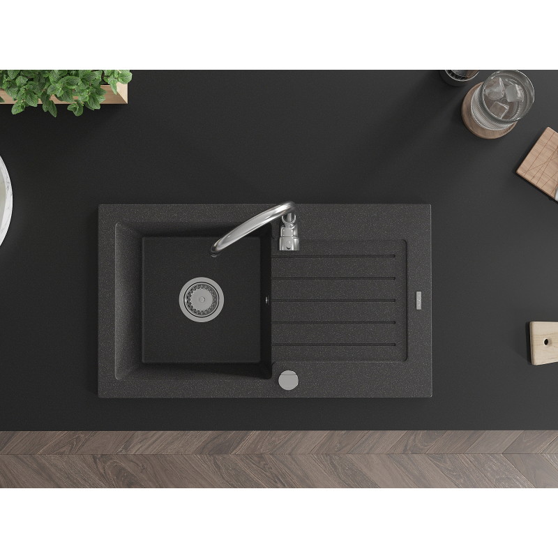 Mexen Pablo 1-bowl granite sink with drainer and kitchen faucet Telma, black speckled - 6510-76-670200-00