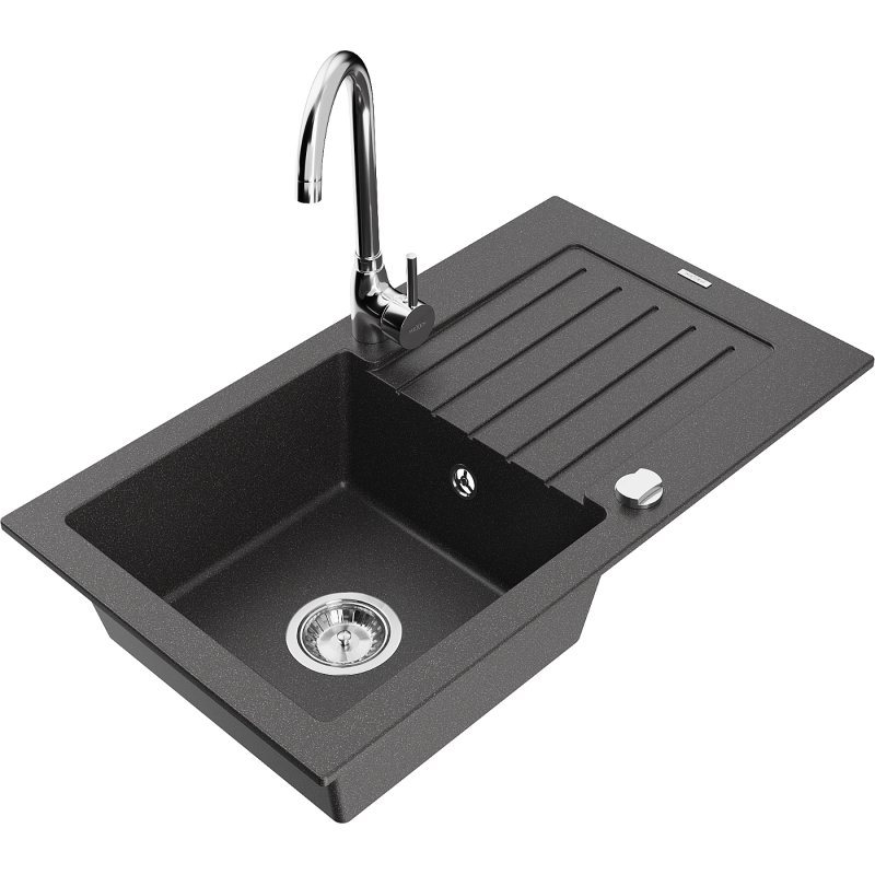 Mexen Pablo 1-bowl granite sink with drainer and Telma kitchen tap, speckled black - 6510-76-670200-00