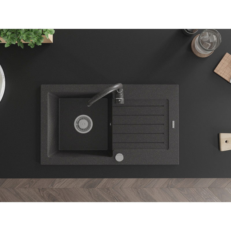 Mexen Pablo fregadero de granito de 1 cubeta con escurridor y grifo de cocina Telma, negro moteado - 6510-76-670200-76