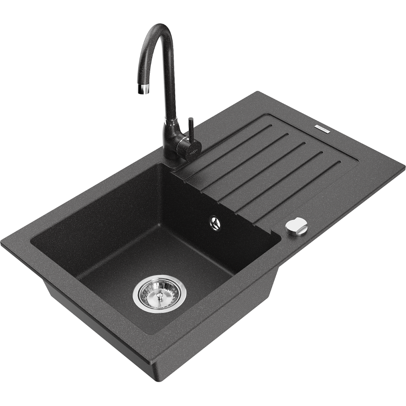 Mexen Pablo fregadero de granito de 1 cubeta con escurridor y grifo de cocina Telma, negro moteado - 6510-76-670200-76
