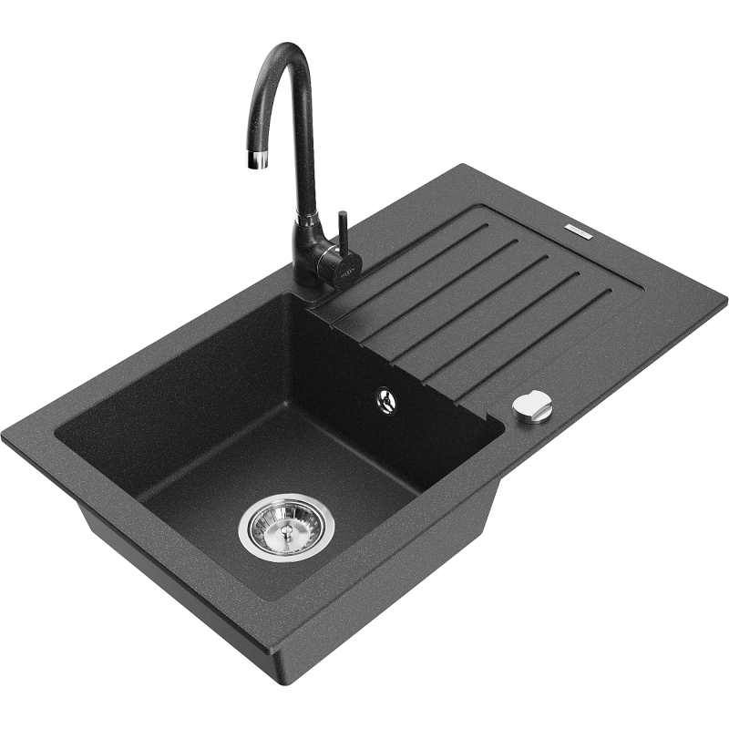 Mexen Pablo lava-louça de granito 1-cuba com escorredor e torneira de cozinha Telma, preto salpicado - 6510-76-670200-76