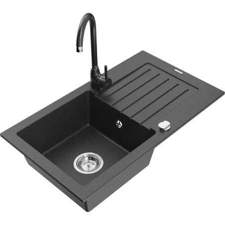 Mexen Pablo fregadero de granito de 1 cubeta con escurridor y grifo de cocina Telma, negro moteado - 6510-76-670200-76