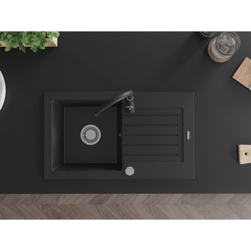 Mexen Pablo granite sink 1-bowl with drainer and Telma kitchen tap, black - 6510-77-670200-70