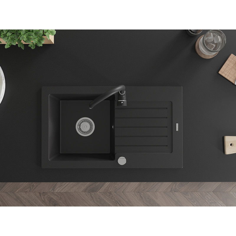Mexen Pablo granitno pomivalno korito z 1 predelkom z odcejalnikom in kuhinjsko pipo Telma, črno - 6510-77-670200-70