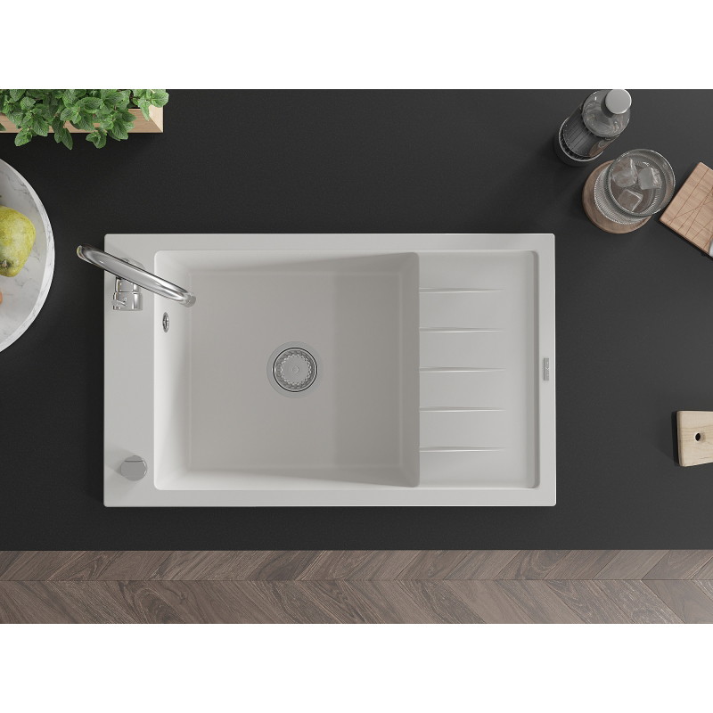 Mexen Elias granite sink 1-chamber with drainer and Telma kitchen faucet, white - 6511-20-670200-00