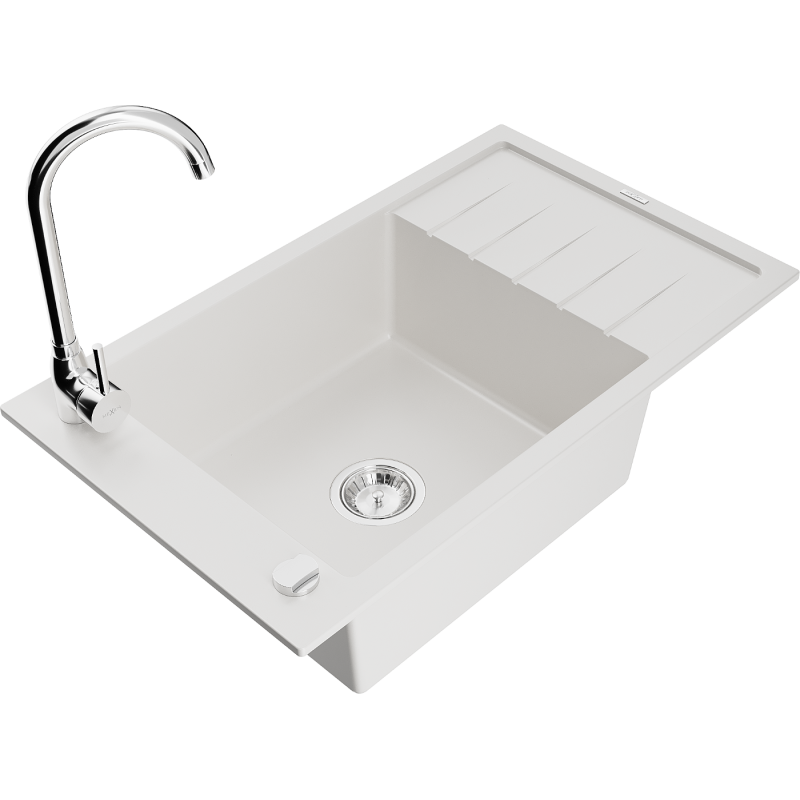 Mexen Elias 1-bowl granite sink with drainer and Telma kitchen tap, white - 6511-20-670200-00