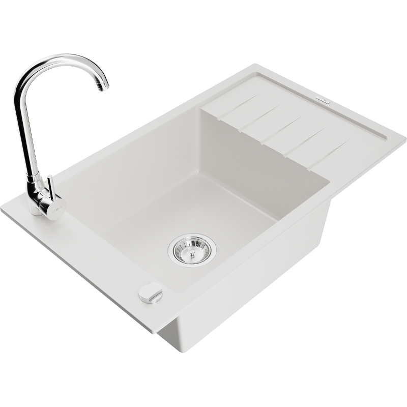 Mexen Elias évier en granit 1 bac avec égouttoir et robinet de cuisine Telma, blanc - 6511-20-670200-00