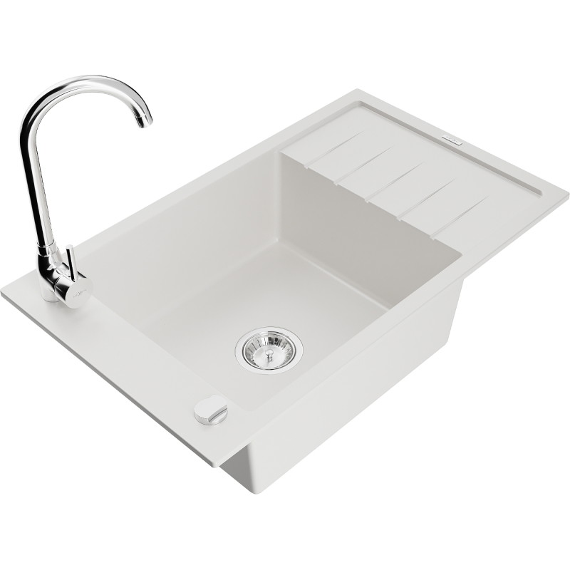 Mexen Elias granite sink 1-chamber with drainer and Telma kitchen faucet, white - 6511-20-670200-00