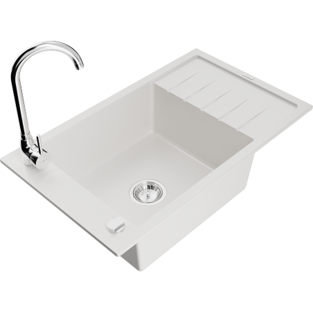 Mexen Elias granīta vienas bļodas izlietne ar noteku un virtuvēm jaucējkrānu Telma, balta - 6511-20-670200-00