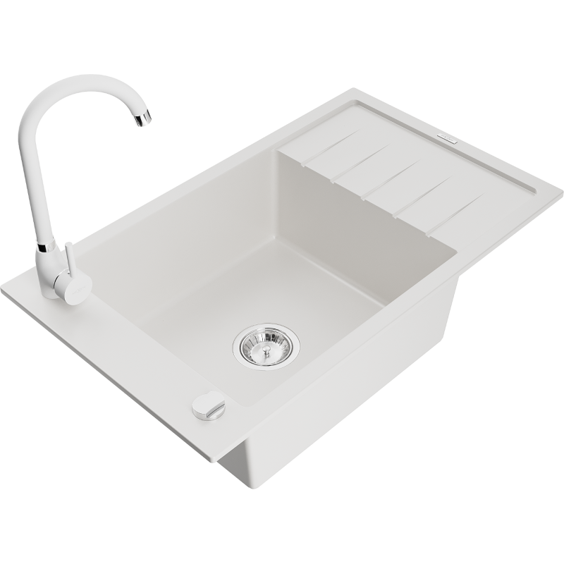 Mexen Elias fregadero de granito de 1 seno con escurridor y grifo de cocina Telma, blanco - 6511-20-670200-20