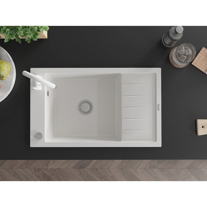 Mexen Elias granite kitchen sink 1-bowl with drainer and Telma kitchen faucet, white - 6511-20-670200-20