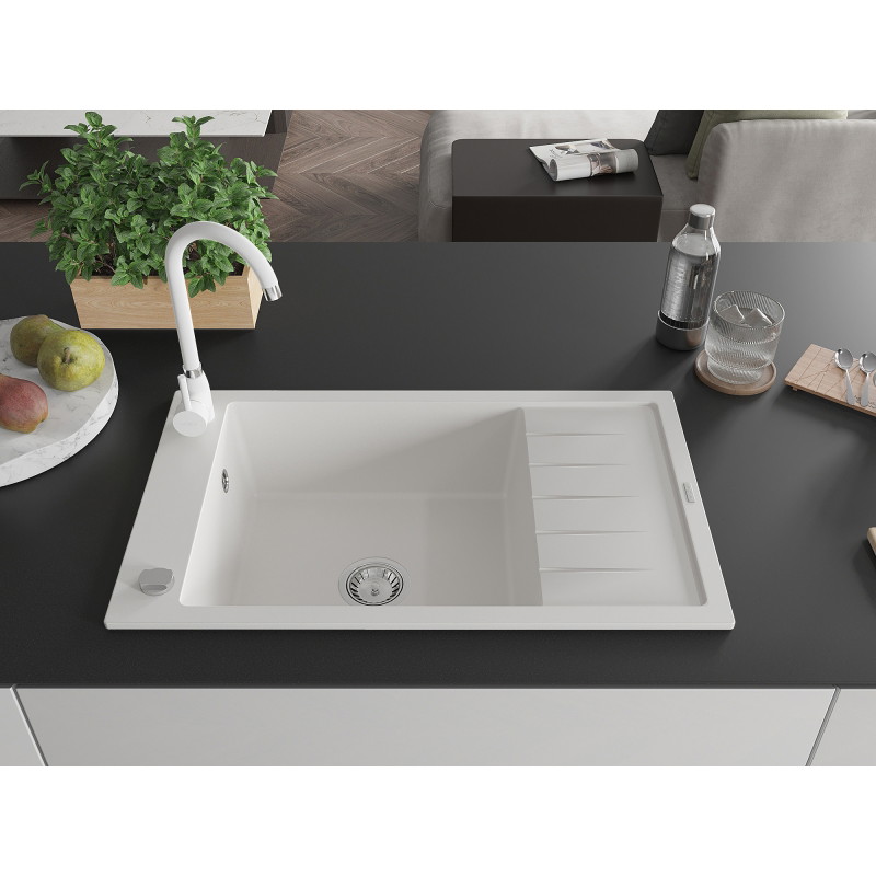 Mexen Elias granite kitchen sink 1-bowl with drainer and Telma kitchen faucet, white - 6511-20-670200-20
