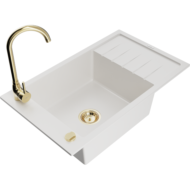 Mexen Elias 1-bowl Granite Sink with Drainer and Telma Kitchen Tap, White - 6511-20-670200-50