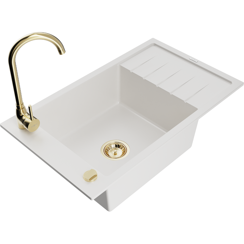 Mexen Elias granitafluess Waschbecken mat enger Kummer, Drainboard an Kichebatterie Telma, wäiss - 6511-20-670200-50