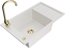 Mexen Elias granitafluess Waschbecken mat enger Kummer, Drainboard an Kichebatterie Telma, wäiss - 6511-20-670200-50