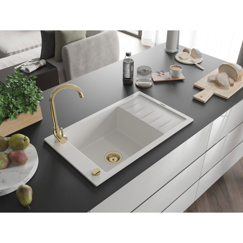 Mexen Elias 1-bowl Granite Sink with Drainer and Telma Kitchen Tap, White - 6511-20-670200-50