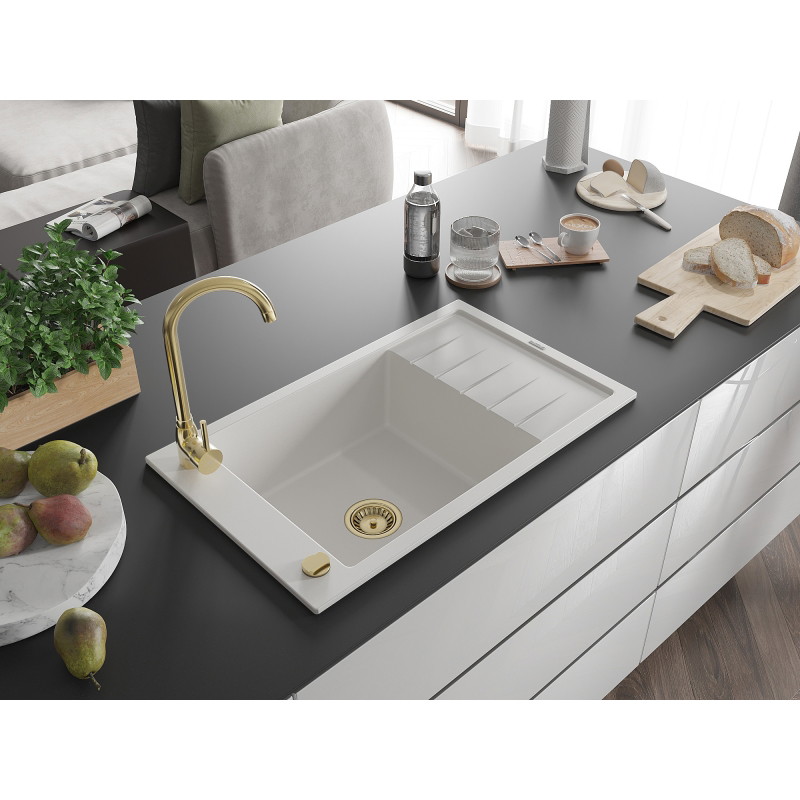 Mexen Elias granite kitchen sink 1-bowl with drainer and Telma kitchen faucet, white - 6511-20-670200-50
