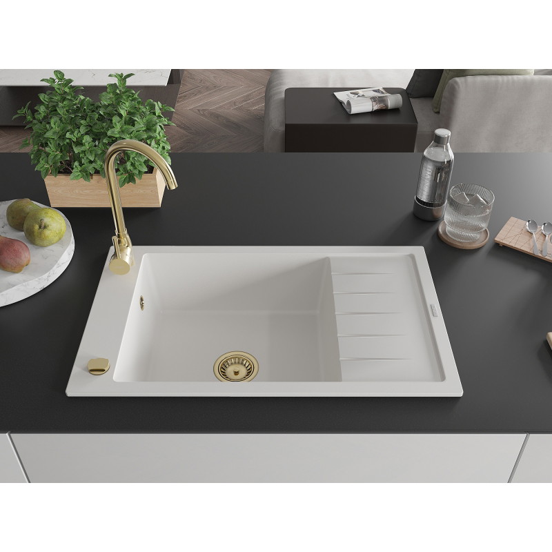 Mexen Elias granite kitchen sink 1-bowl with drainer and Telma kitchen faucet, white - 6511-20-670200-50