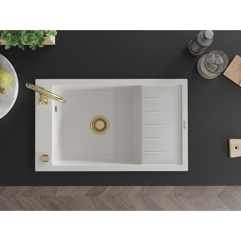 Mexen Elias granite kitchen sink 1-bowl with drainer and Telma kitchen faucet, white - 6511-20-670200-50