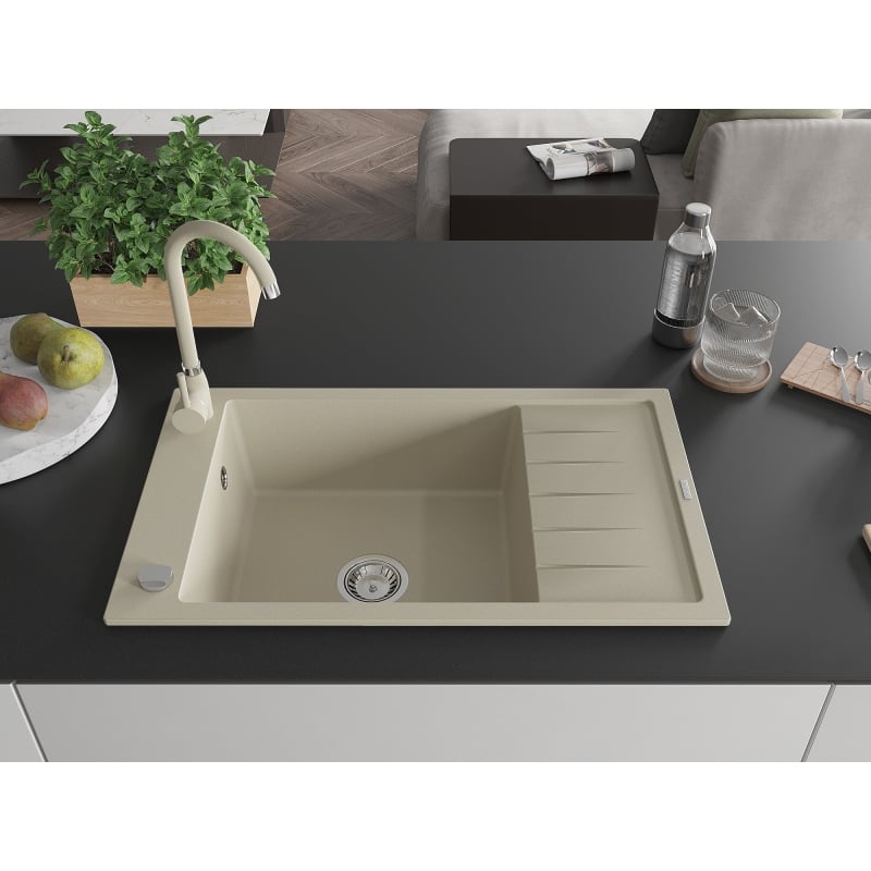 Mexen Elias Telma 1-bowl granite sink with drainer and kitchen faucet, beige - 6511-69-670200-69