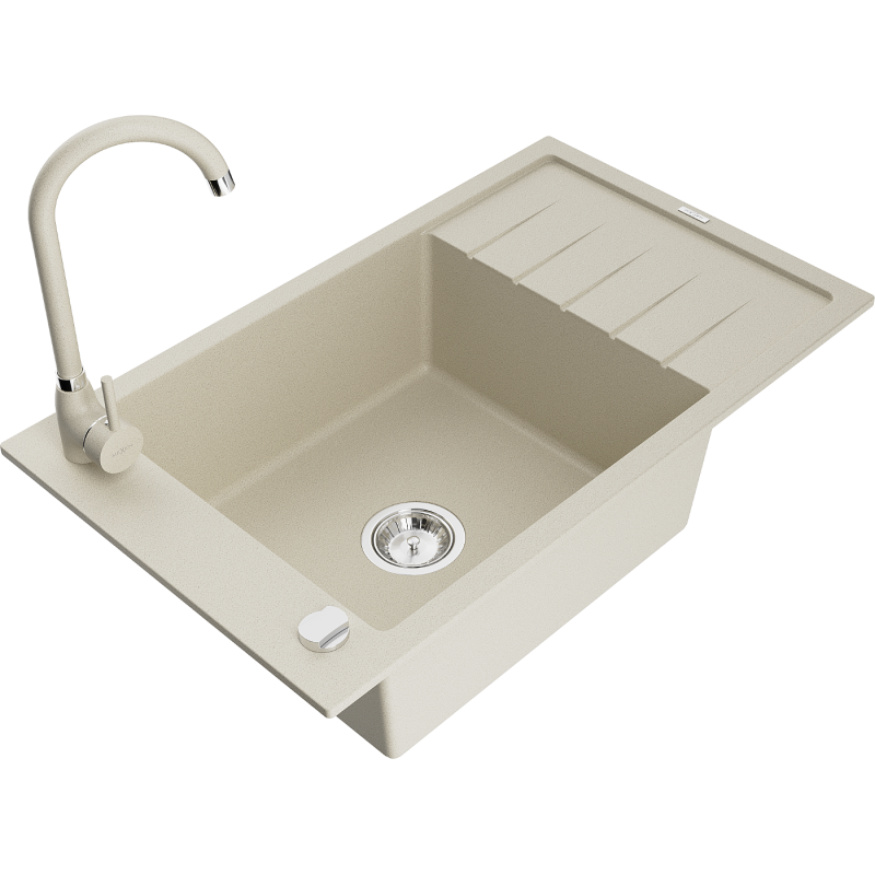 Mexen Elias granitische gootsteen 1-bak met afdruipplaat en keukenmengkraan Telma, beige - 6511-69-670200-69