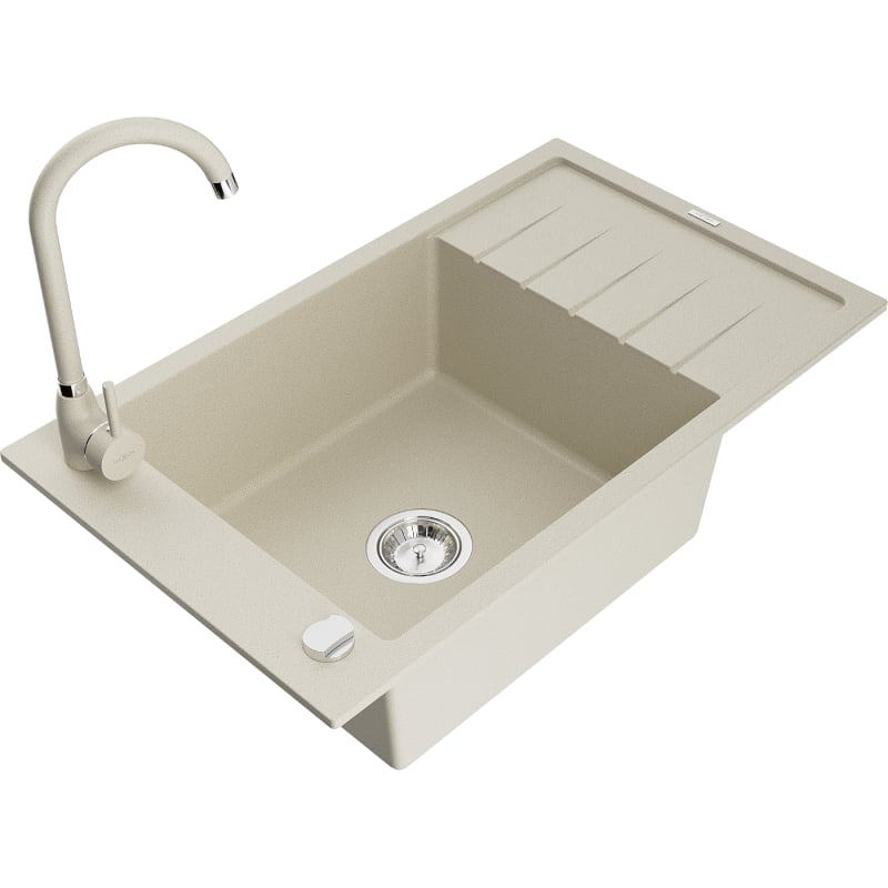 Mexen Elias Telma 1-bowl granite sink with drainer and kitchen faucet, beige - 6511-69-670200-69