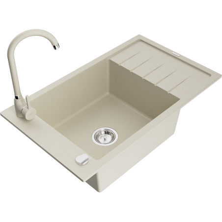 Mexen Elias granieten gootsteen 1-komerig met druiprek en keukenkraan Telma, beige - 6511-69-670200-69