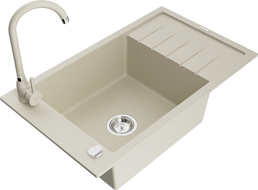 Mexen Elias granieten gootsteen 1-komerig met druiprek en keukenkraan Telma, beige - 6511-69-670200-69