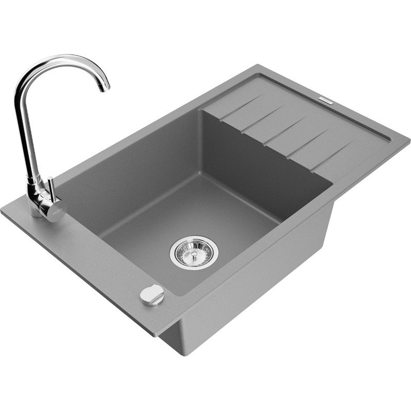 Mexen Elias granite sink 1-bowl with drainer and Telma kitchen faucet, gray - 6511-71-670200-00