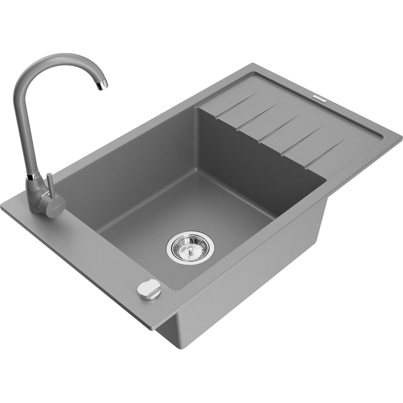 Mexen Elias 1-bowl granite sink with drainer and Telma kitchen tap, grey - 6511-71-670200-71