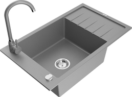 Mexen Elias yksi-allasinen graniittinen pesuallas valutustasolla ja keittiöhanalla Telma, harmaa - 6511-71-670200-71