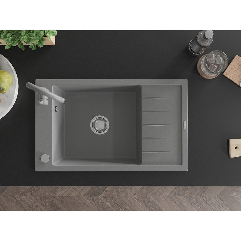 Mexen Elias 1-bowl granite sink with drainer and Telma kitchen tap, grey - 6511-71-670200-71