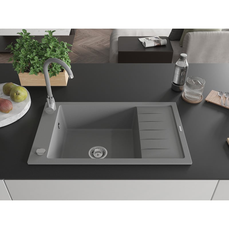 Mexen Elias 1-bowl granite sink with drainer and Telma kitchen tap, grey - 6511-71-670200-71