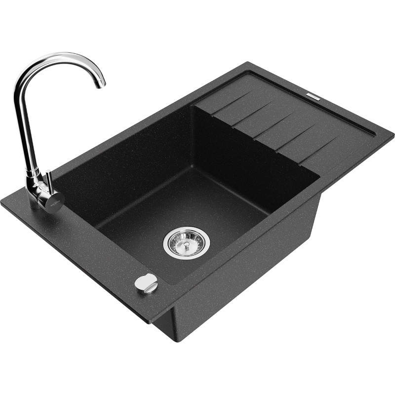 Mexen Elias 1-bowl granite sink with drainer and Telma kitchen faucet, black/silver - 6511-73-670200-00