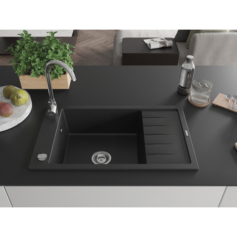 Mexen Elias 1-bowl granite sink with drainer and Telma kitchen faucet, black/silver - 6511-73-670200-00